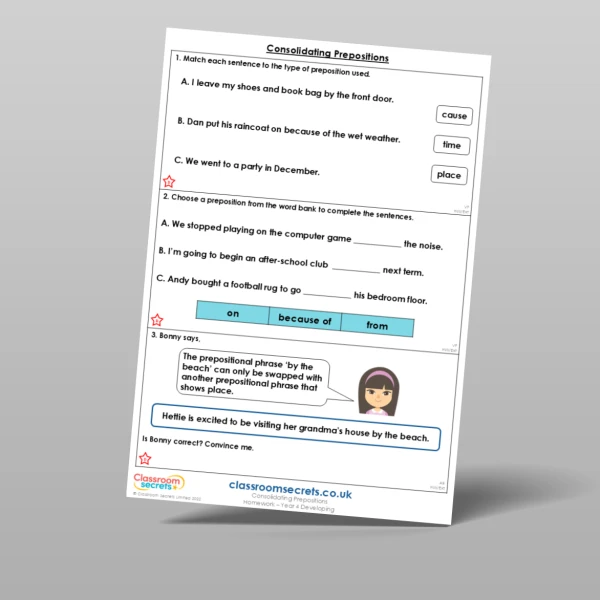 An image of the Consolidating Prepositions Homework Resource