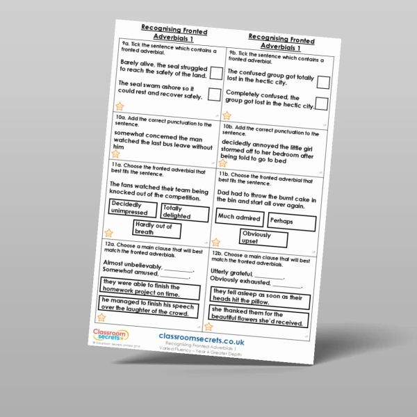 An image of the Recognising Fronted Adverbials 1 Varied Fluency Resource