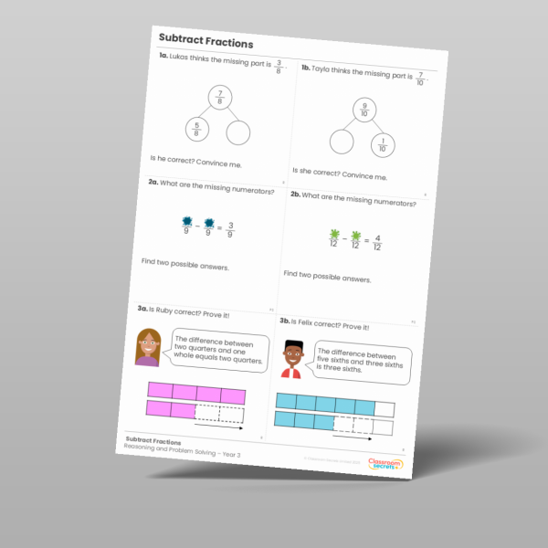 Year 3 Subtract Fractions Reasoning And Problem Solving 2 Resource ...