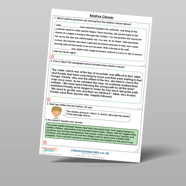 An image of the Relative Clauses Homework Resource
