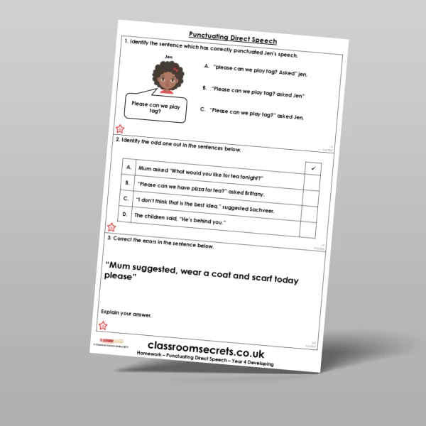 An image of the Punctuating Direct Speech Homework Resource