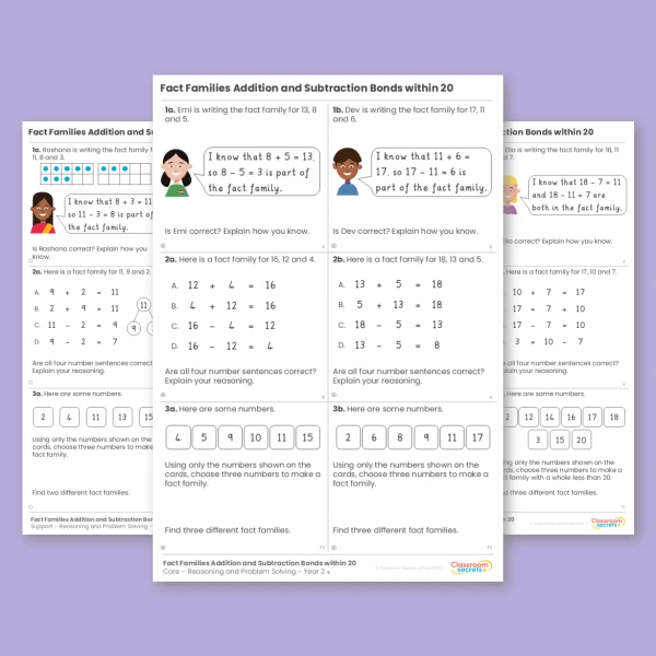 An image of the Fact Families - Addition and Subtraction Bonds within 20 Reasoning and Problem Solving Resource