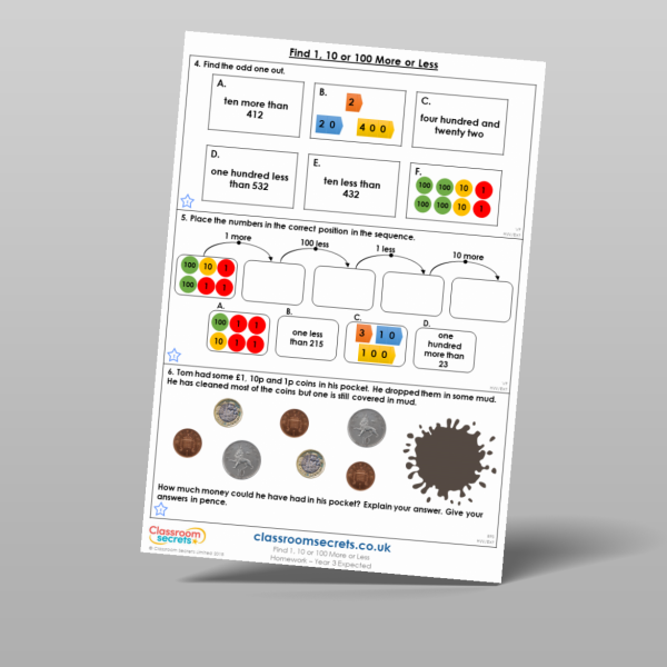 Year 3 Find 1 10 Or 100 More Or Less Homework Resource | Classroom Secrets