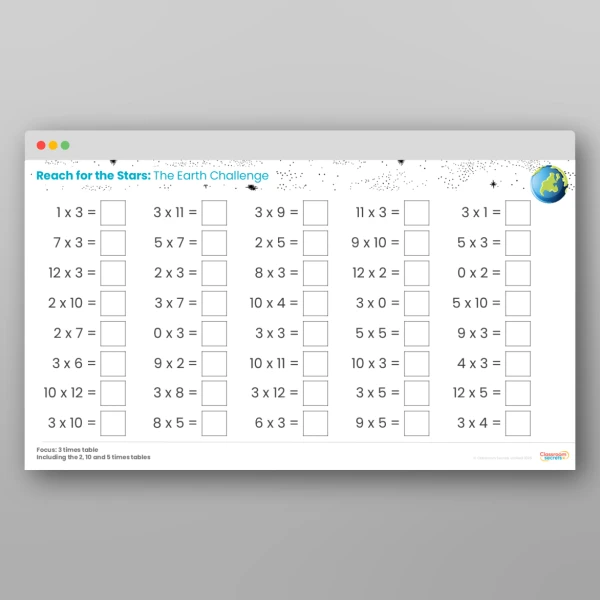 An image of the Challenge 4 Earth 3 Times Table Resource
