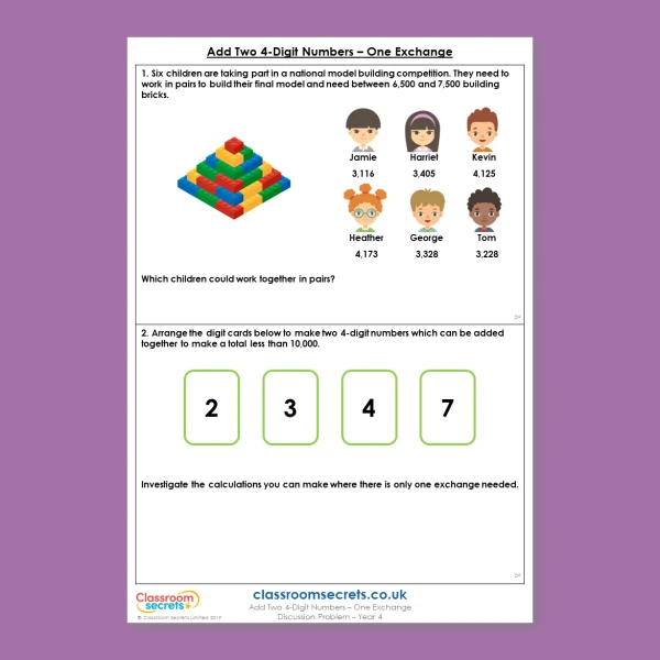 Year 4 Add Two 4-Digit Numbers - One Exchange Addition and Subtraction Deeper Reasoning Discussion Problem