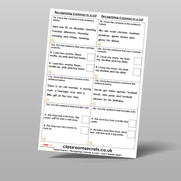 An image of the Free Recognising Commas in a List Varied Fluency Resource