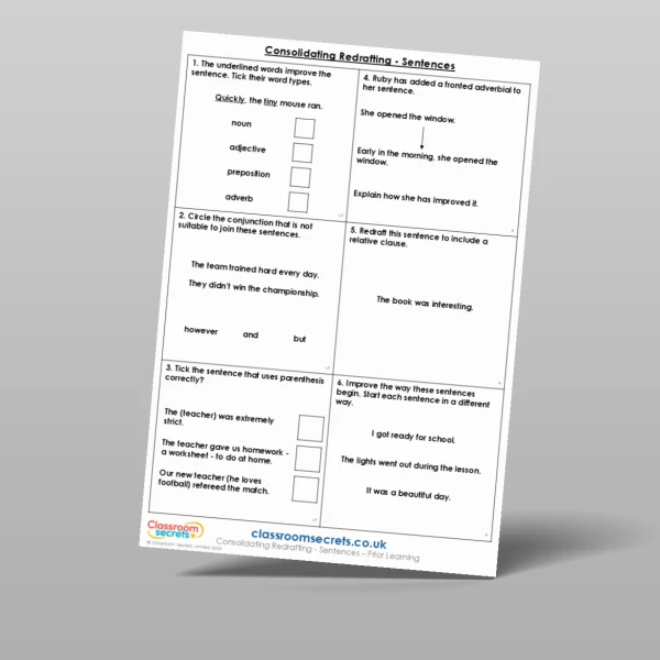 An image of the Consolidating Redrafting - Sentences Prior Learning Resource