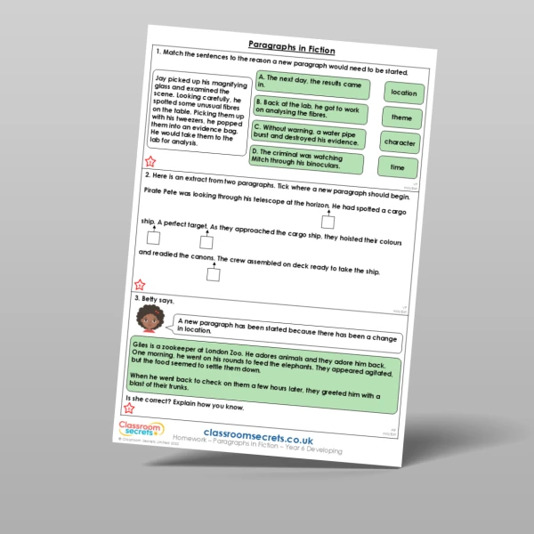 An image of the Paragraphs in Fiction Homework Resource