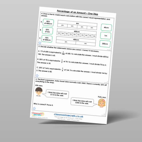 Year 6 Percentage Of An Amount One Step Homework Resource | Classroom ...