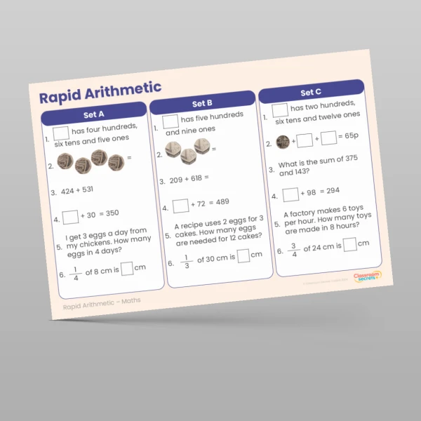 An image of the Spring 1 Week 2 Rapid Arithmetic Resource