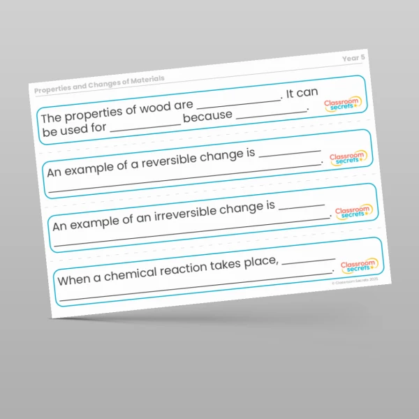 An image of the Properties and Changes of Materials Stem Sentences Resource