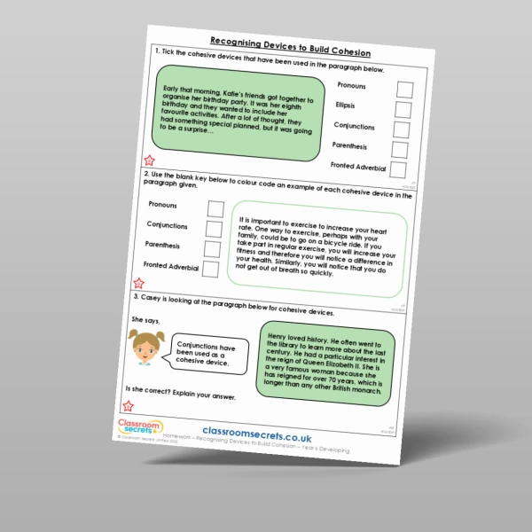An image of the Free Recognising Devices to Build Cohesion Homework Resource