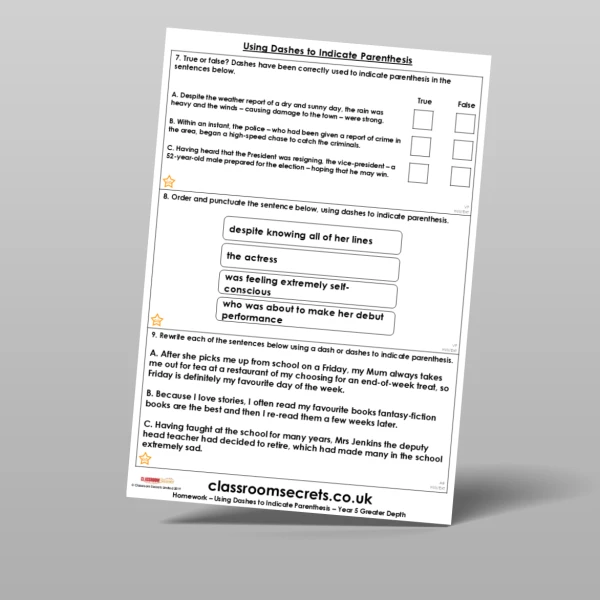An image of the Using Dashes to Indicate Parenthesis Homework Resource