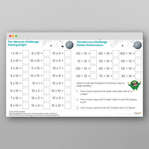 An image of the Challenge 2 Mercury 10 Times Table Resource