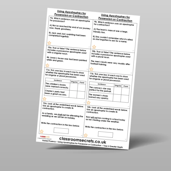 An image of the Using Apostrophes for Possession or Contraction Varied Fluency Resource