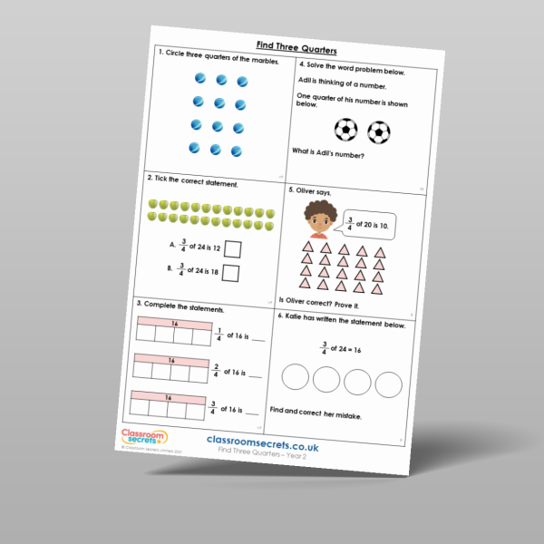 Year 2 Find Three Quarters Mixed Activity Resource | Classroom Secrets