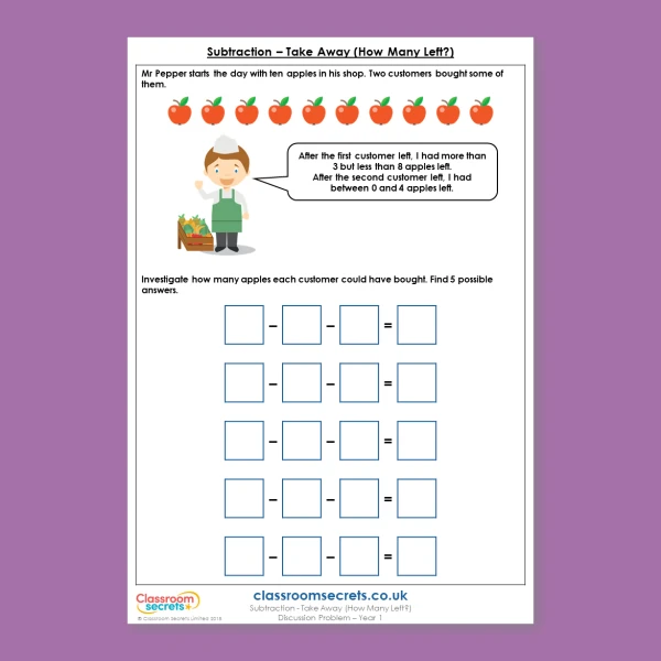 Year 1 Subtraction Take Away How Many Left Addition and Subtraction within 10 Deeper Reasoning Discussion Problem