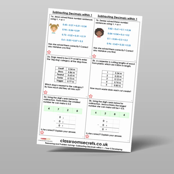 An image of the Subtracting Decimals within 1 Reasoning and Problem Solving Resource