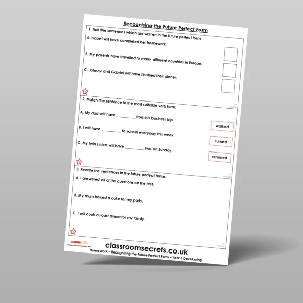 An image of the Recognising the Future Perfect Form Homework Resource