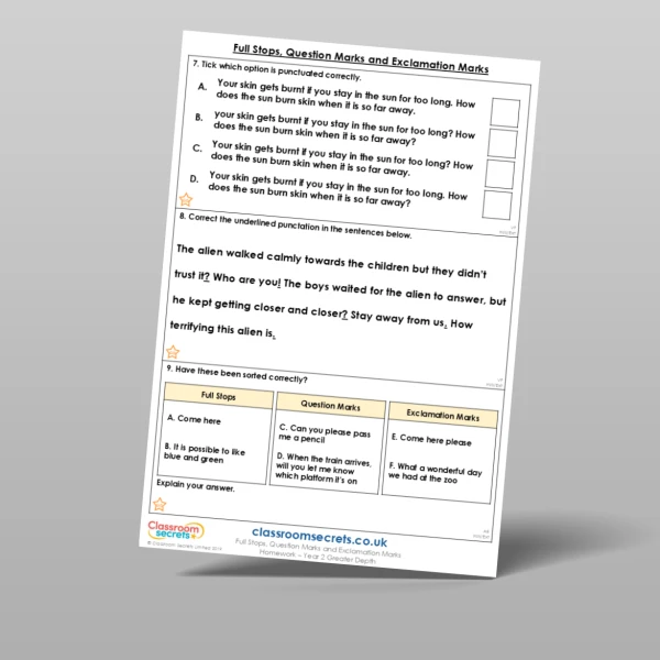 An image of the Full Stops, Question Marks and Exclamation Marks Homework Resource