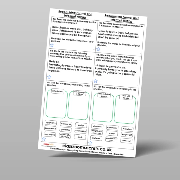 An image of the Recognising Formal and Informal Writing Varied Fluency Resource