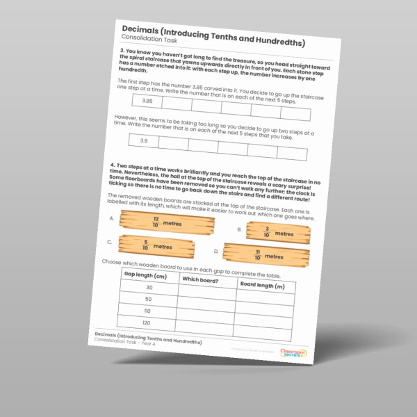 An image of the Decimals (Introducing Tenths and Hundredths) Consolidation Task Resource