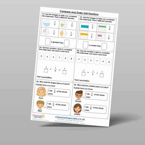 An image of the Compare and Order Unit Fractions Reasoning and Problem Solving Resource