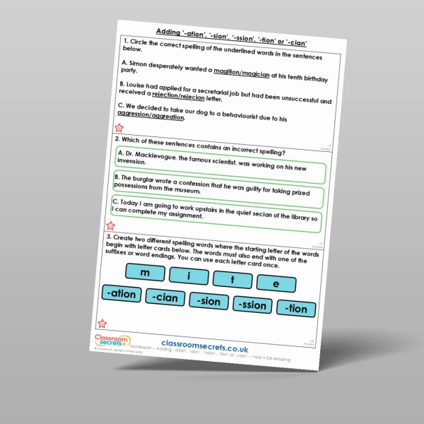 An image of the Adding '-ation', '-sion', '-ssion', '-tion' or '-cian' Homework Resource
