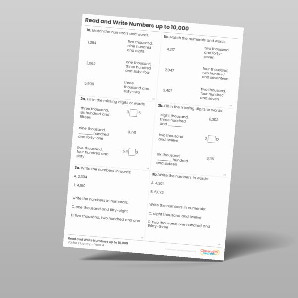 Year 4 Read And Write Numbers Up To 10 000 Varied Fluency Resource ...