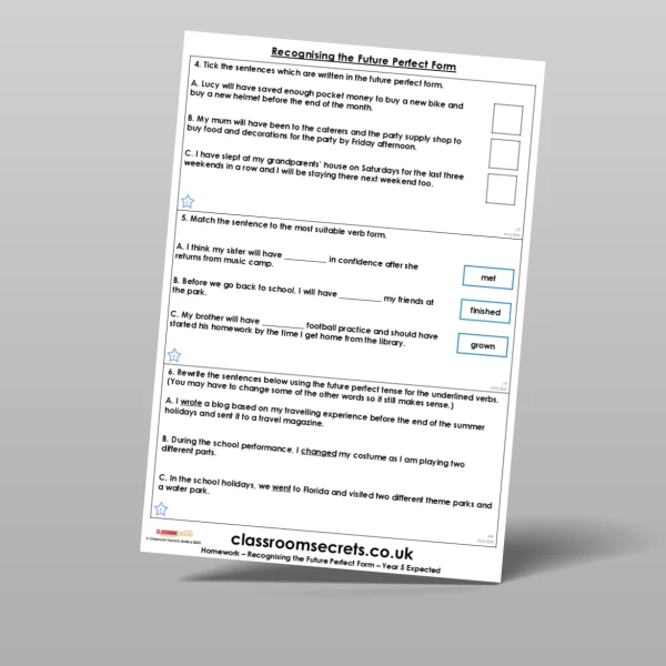 An image of the Recognising the Future Perfect Form Homework Resource