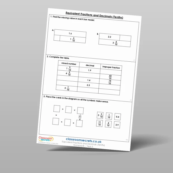 An image of the Equivalent Fractions and Decimals (Tenths) Homework Resource