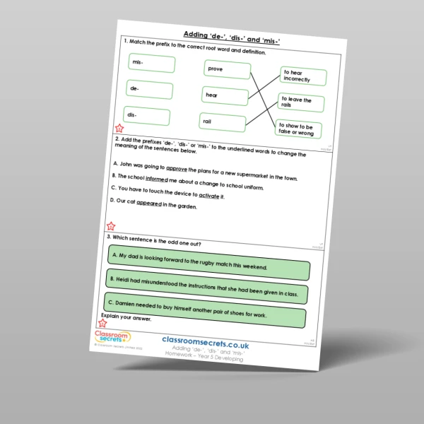 An image of the Free Adding 'de-', 'dis-', and 'mis-' Homework Resource