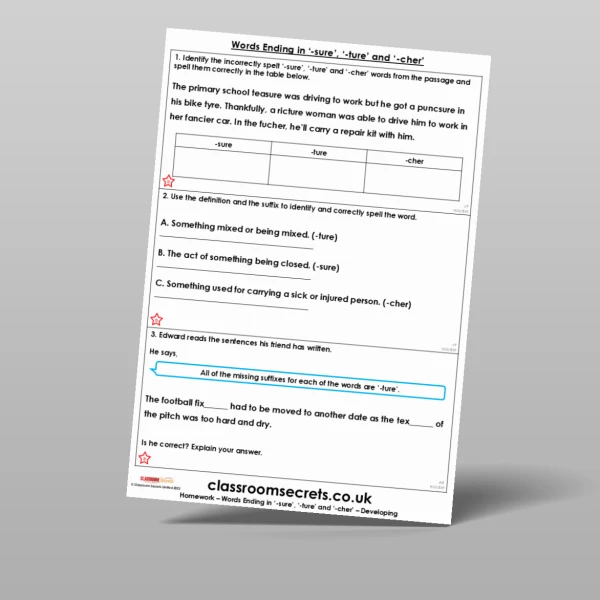 An image of the Words Ending in '-sure', '-ture' and '-cher' Homework Resource