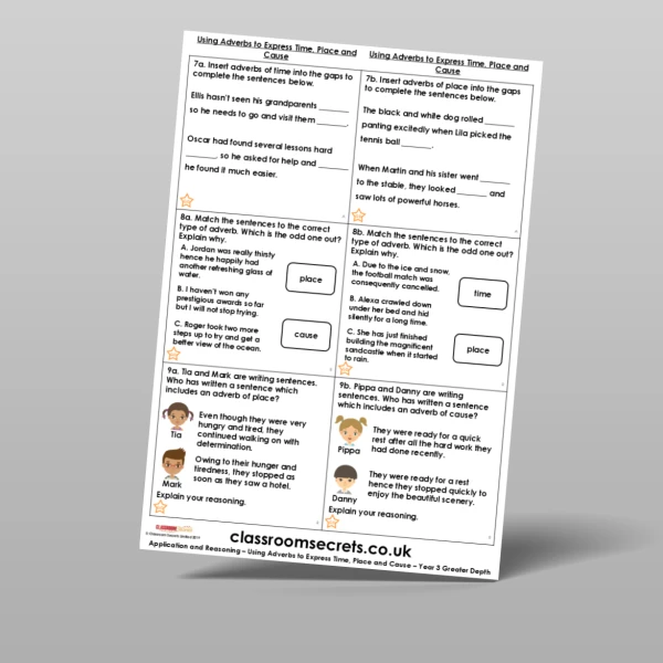 An image of the Using Adverbs to Express Time, Place and Cause Application and Reasoning Resource