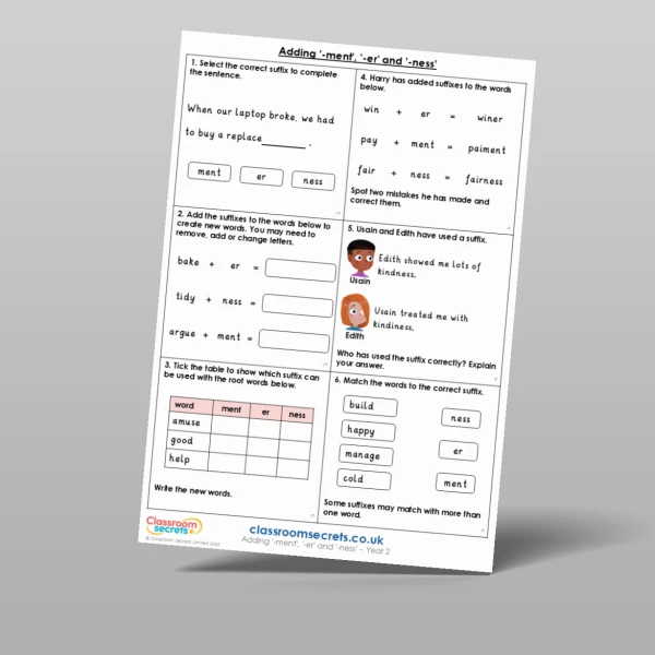An image of the Adding '-ment', '-er' and '-ness' Mixed Activity Resource