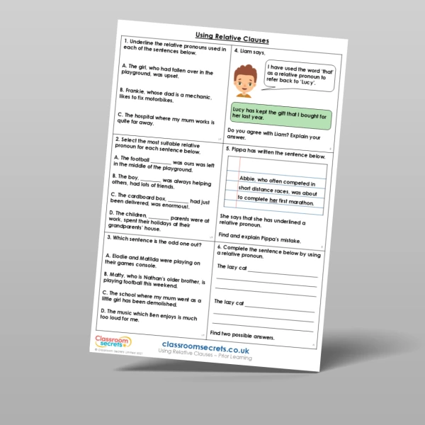 An image of the Using Relative Clauses Prior Learning Resource