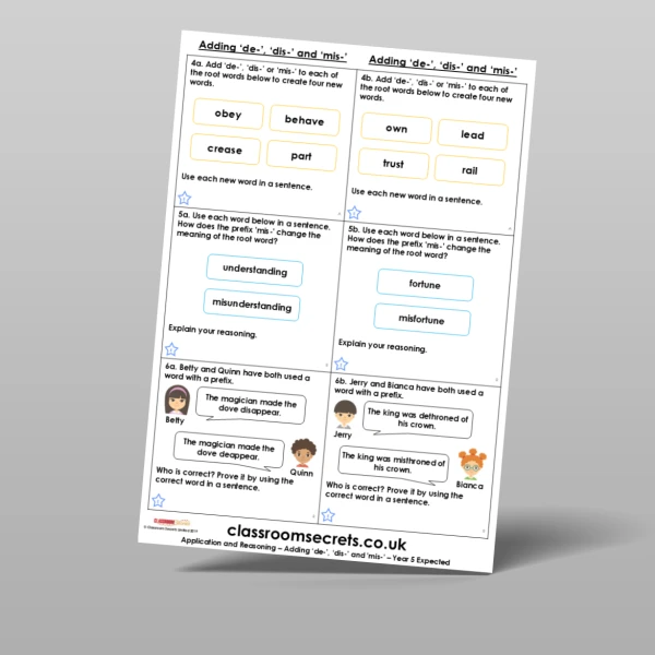 An image of the Adding 'de-', 'dis-', and 'mis-' Application and Reasoning Resource