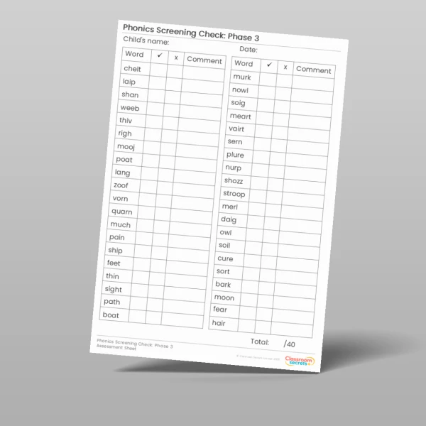 An image of the Phonics Screening Check: Phase 3 Assessment Sheet Resource