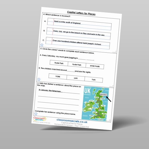Year 1 Capital Letters For Places Homework Resource | Classroom Secrets