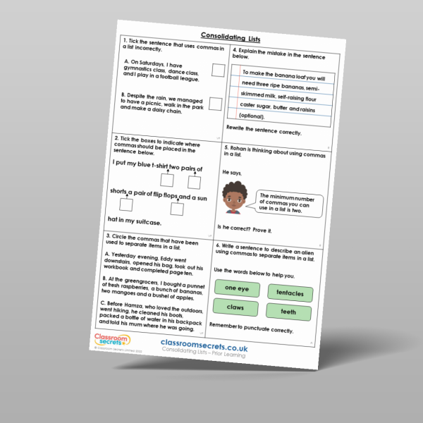 Year 6 Consolidating Lists Prior Learning Resource | Classroom Secrets