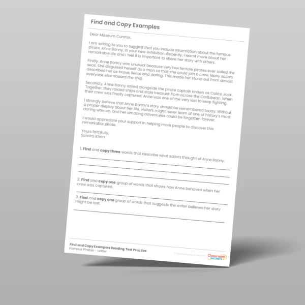 An image of the Find and Copy Reading Test Practice Famous Pirates Resource