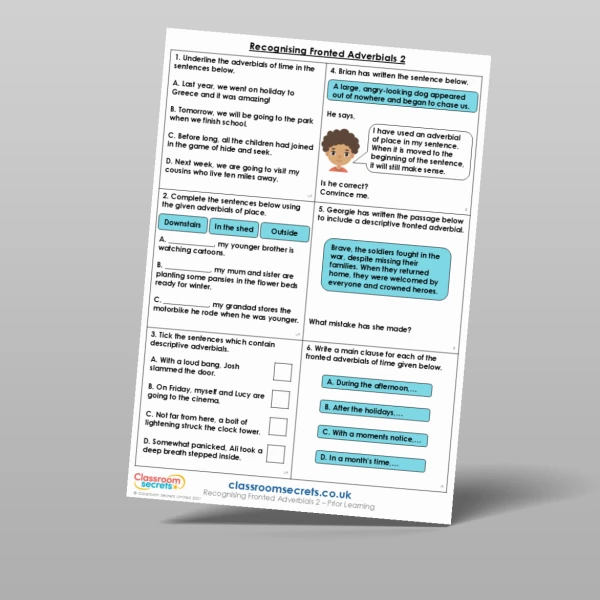 An image of the Recognising Fronted Adverbials 2 Prior Learning Resource