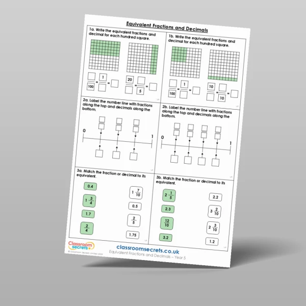An image of the Equivalent Fractions and Decimals Varied Fluency Resource