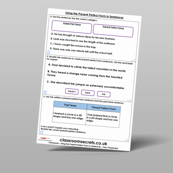 An image of the Using the Present Perfect Form in Sentences Homework Resource