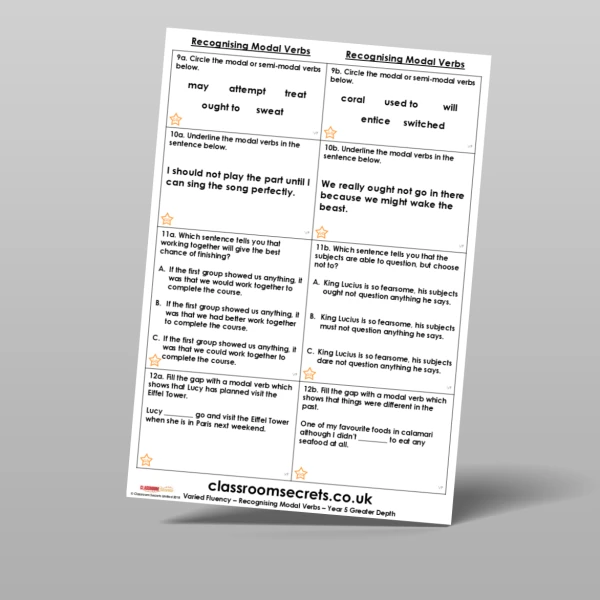 An image of the Free Recognising Modal Verbs Varied Fluency Resource