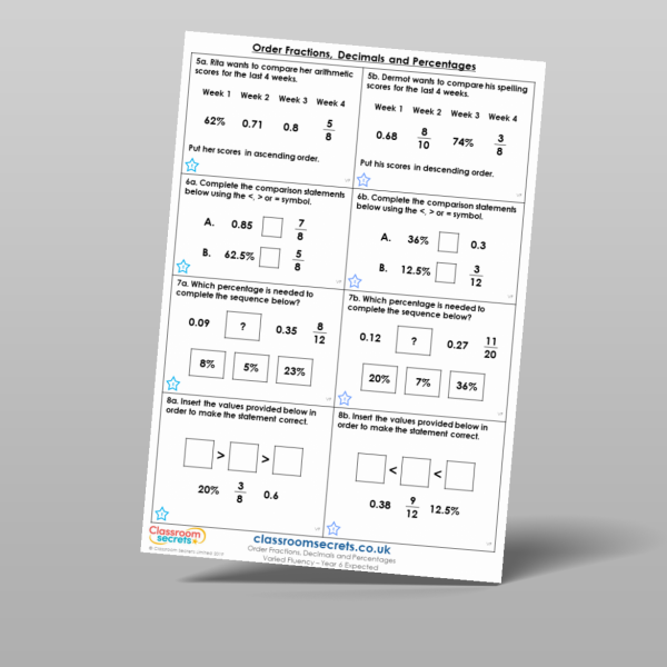 Year 6 Order Fractions Decimals And Percentages Varied Fluency Resource ...