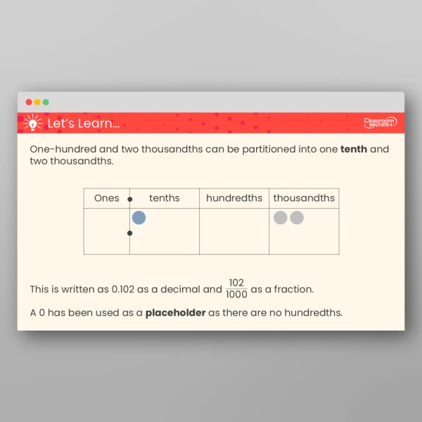 An image of the Thousandths on a Place Value Chart Teaching PPT Resource
