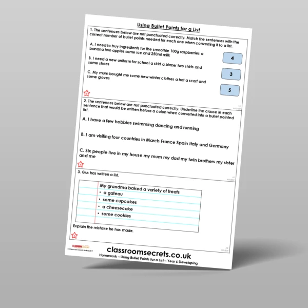 An image of the Using Bullet Points for a List Homework Resource