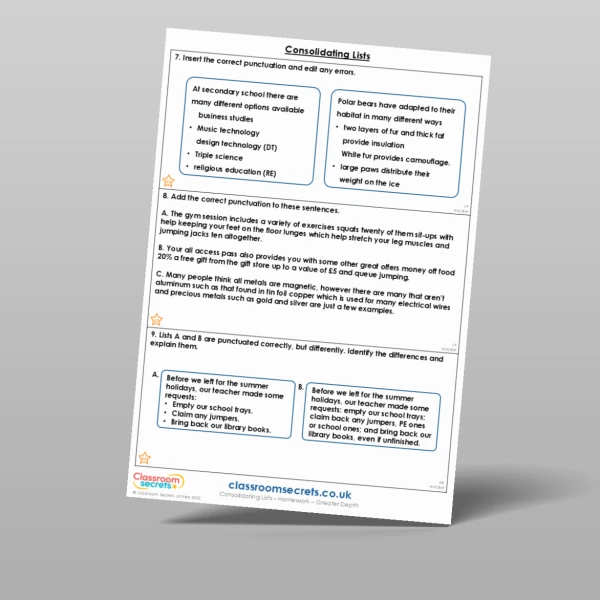 An image of the Consolidating Lists Homework Resource