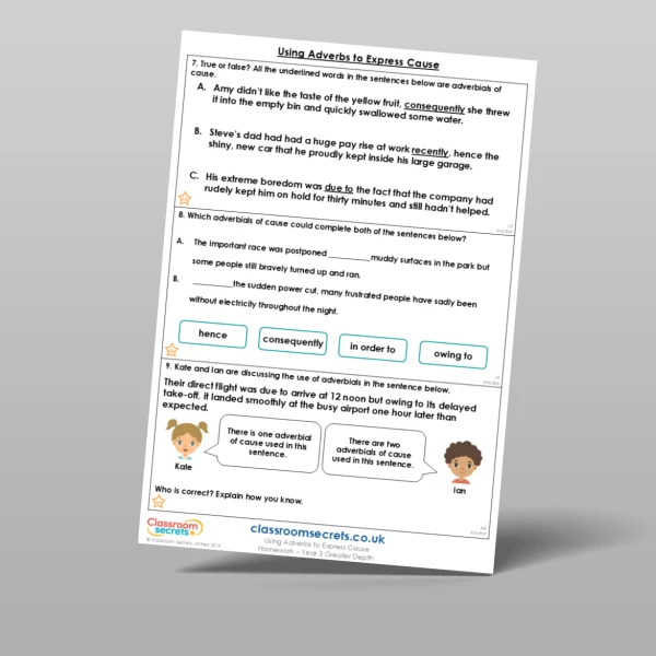 An image of the Using Adverbs to Express Cause Homework Resource